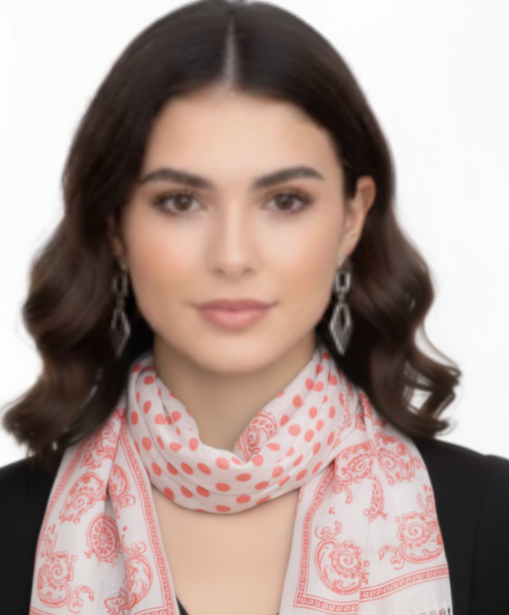 Coral Polka Dot Paisley Fringe Scarf
