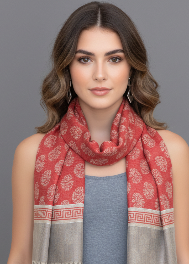 Coral silky scarf with a tribal paisley pattern and fringe edges