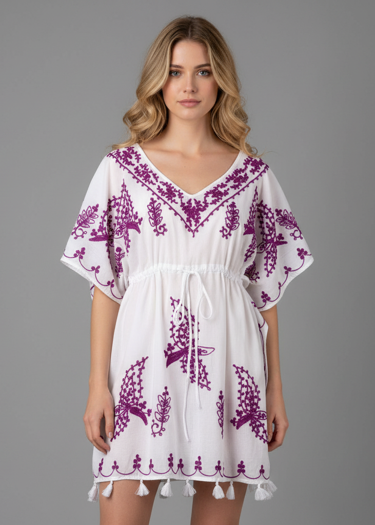 White cotton cover-up kaftan beachwear tunic in a relaxed one-size-fits-most design.