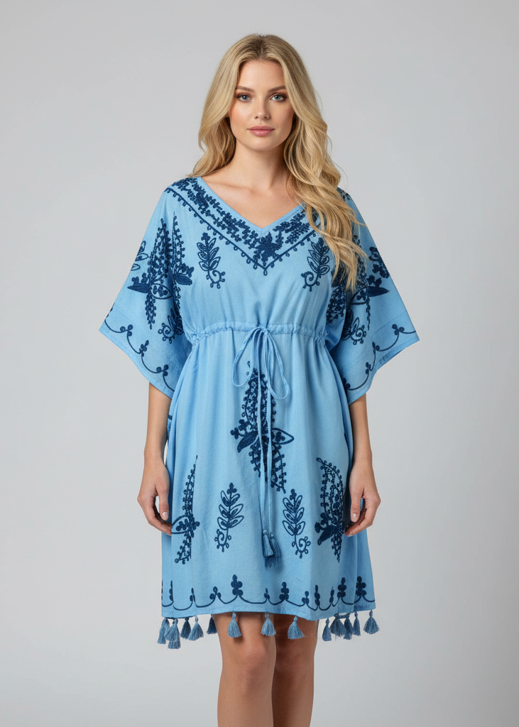 Blue navy cotton cover-up kaftan beachwear tunic in a relaxed one-size-fits-most design.