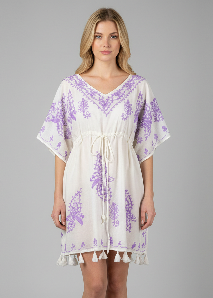 Cream violet cotton cover-up kaftan beachwear tunic in a relaxed one-size-fits-most design.