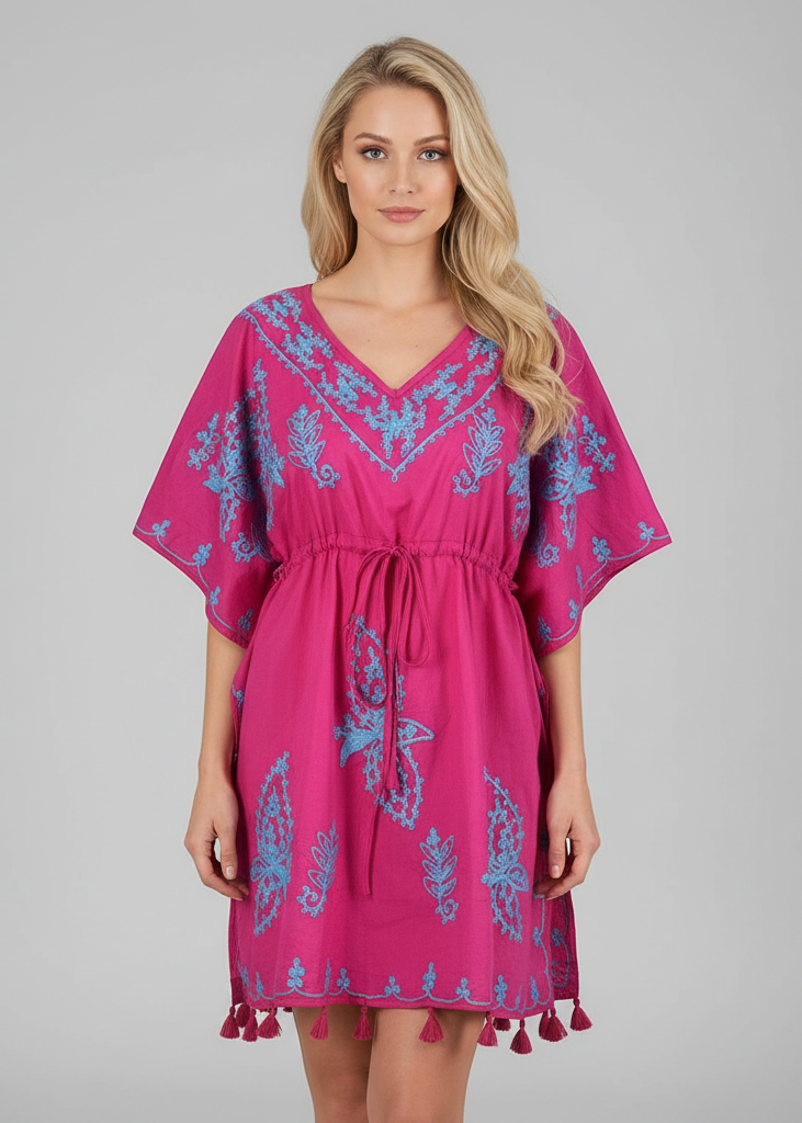 Fuchsia blue cotton cover-up kaftan beachwear tunic in a relaxed one-size-fits-most design.
