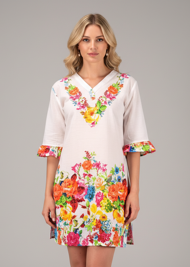 Red orange cotton floral embroidered vintage petite tunic coverup beachwear.