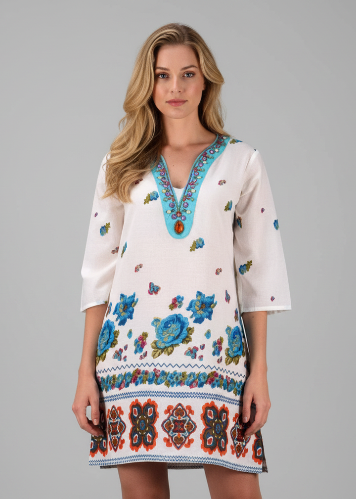 Turquoise beaded vintage petite tunic beachwear coverup with cotton floral embroidery.