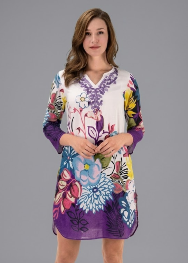 Purple floral embroidered vintage petite tunic cotton coverup with sequins.