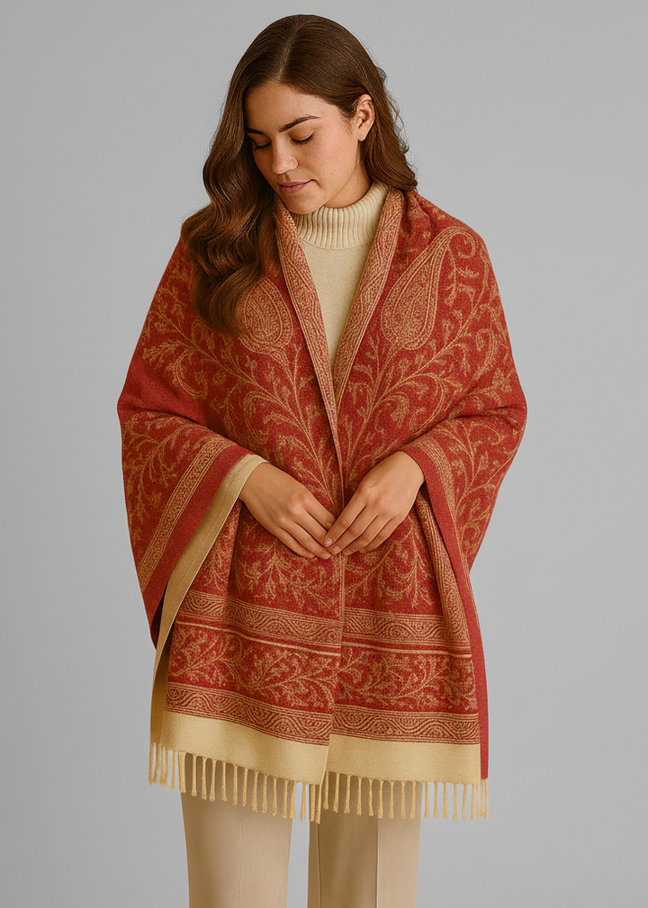 Cream and pink reversible paisley pashmina shawl with thick 4-ply weave and fringe trim.
