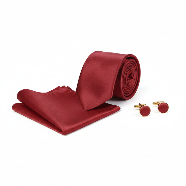Crimson Red Necktie Set with Cufflinks and Pocket Square