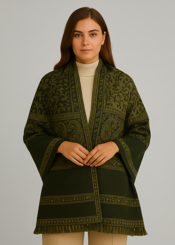 Dark green and tan reversible paisley pashmina shawl with a thick 4-ply weave.