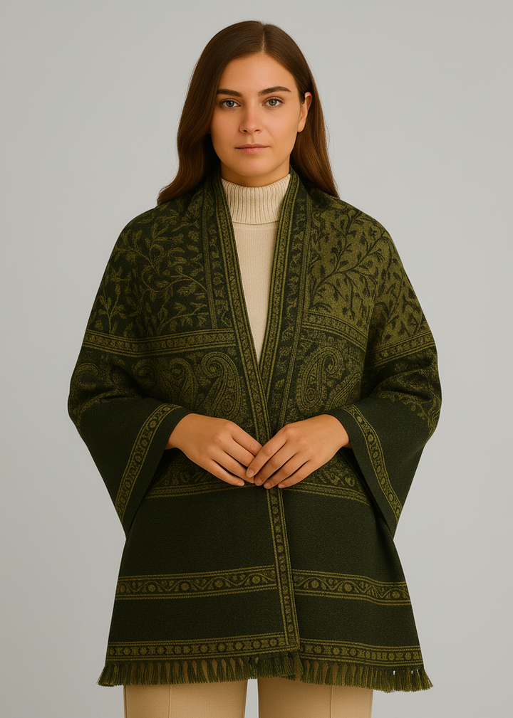 Dark green and tan reversible paisley pashmina shawl with a thick 4-ply weave.
