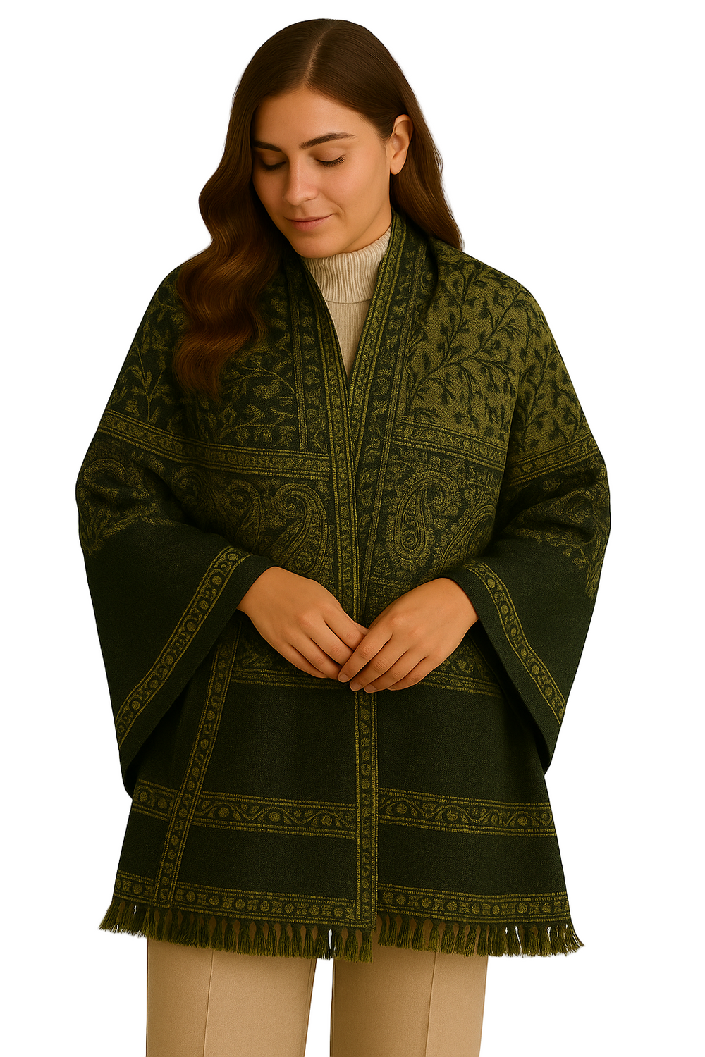 Dark green and tan reversible paisley pashmina shawl with thick 4-ply weave.