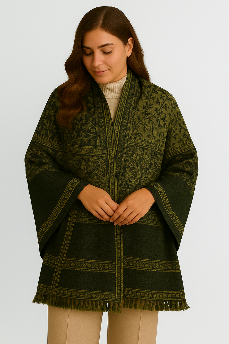 Thick 4 Ply Blanket Scarf Reversible Paisley Pashmina Thick Scarf Wrap Shawl Dark Green/Tan