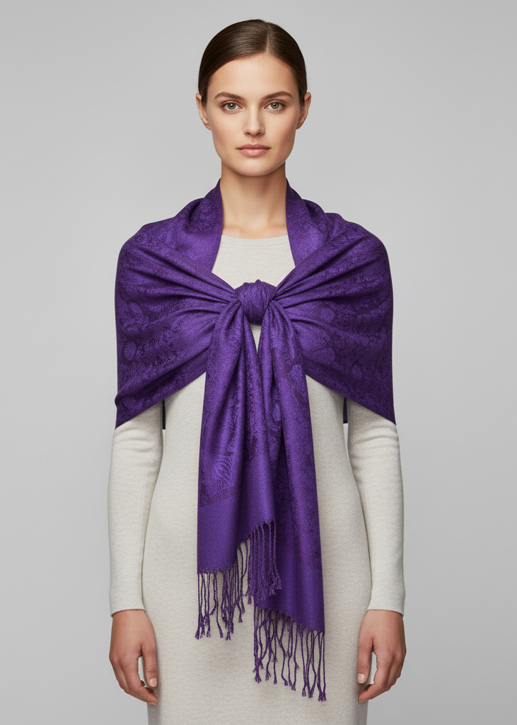 Elegant vintage two-color jacquard paisley pashmina shawl wrap in deep purple and peach.