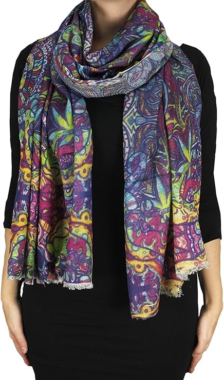 Vibrant digital printed rainbow multicolored light silky fringe scarf featuring a colorful dragon design.