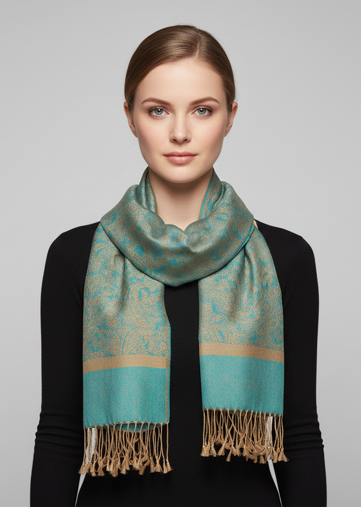 Elegant vintage jacquard paisley feel shawl wrap scarf in turquoise and gold.