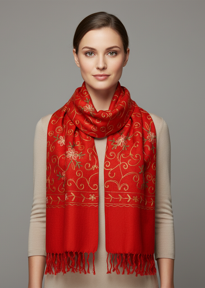 Red pashmina shawl featuring intricate hand-embroidered floral patterns and traditional craftsmanship