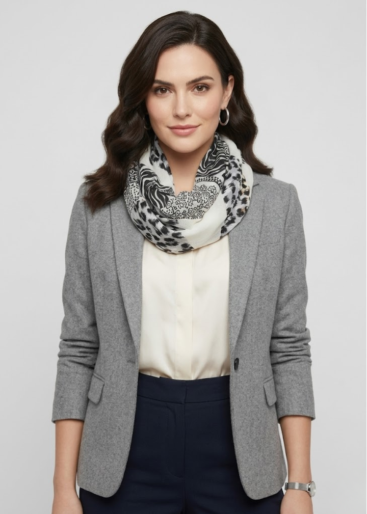 White infinity loop scarf with a colorful tribal elephant and paisley floral print pattern on soft viscose fabric for women