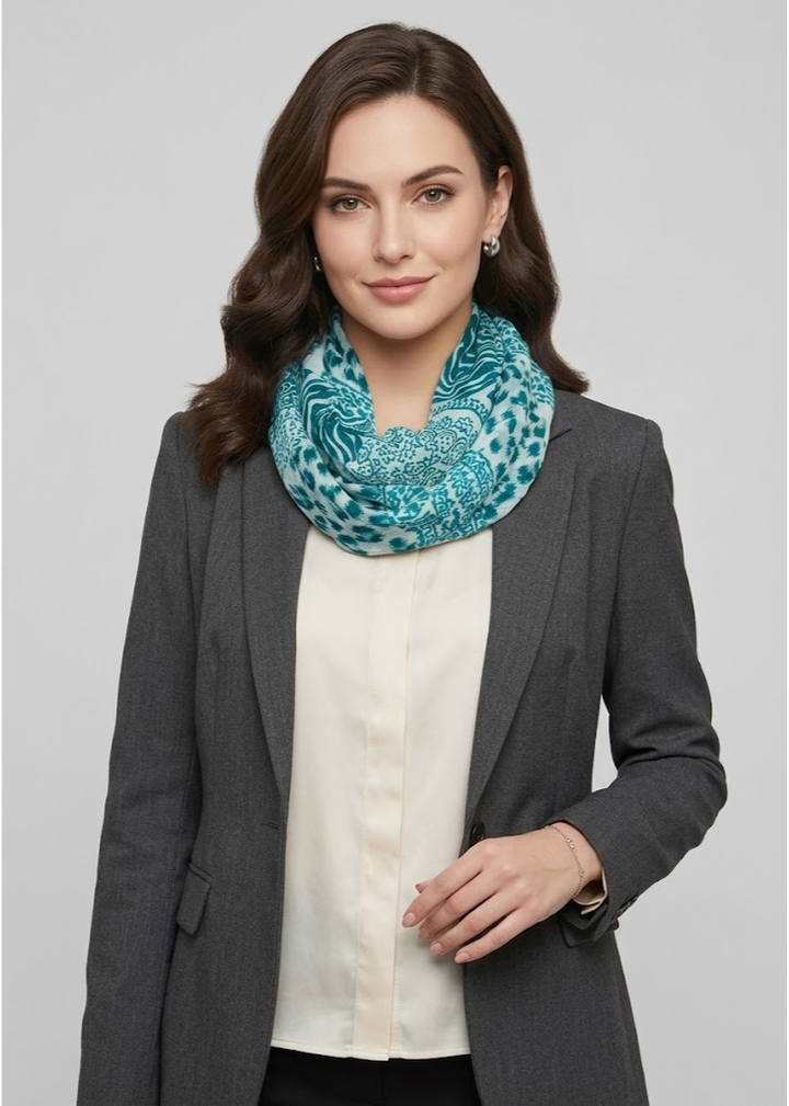 Lightweight infinity loop scarf featuring a teal tribal paisley floral and elephant animal print pattern