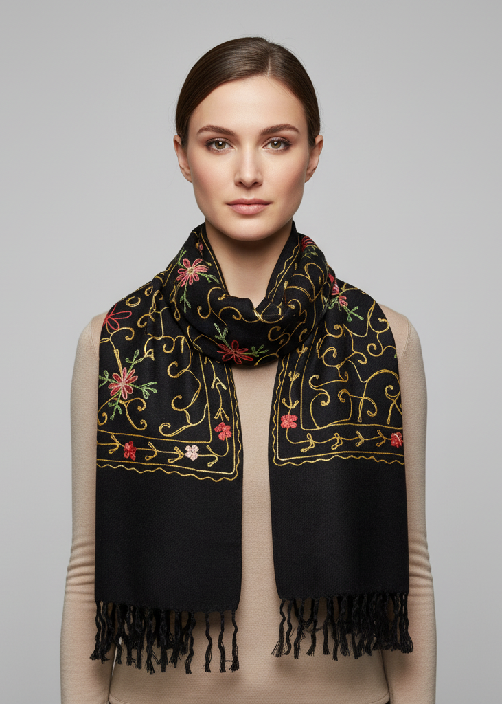 Hand-embroidered floral patterns on a soft wool pashmina shawl with decorative fringe edges