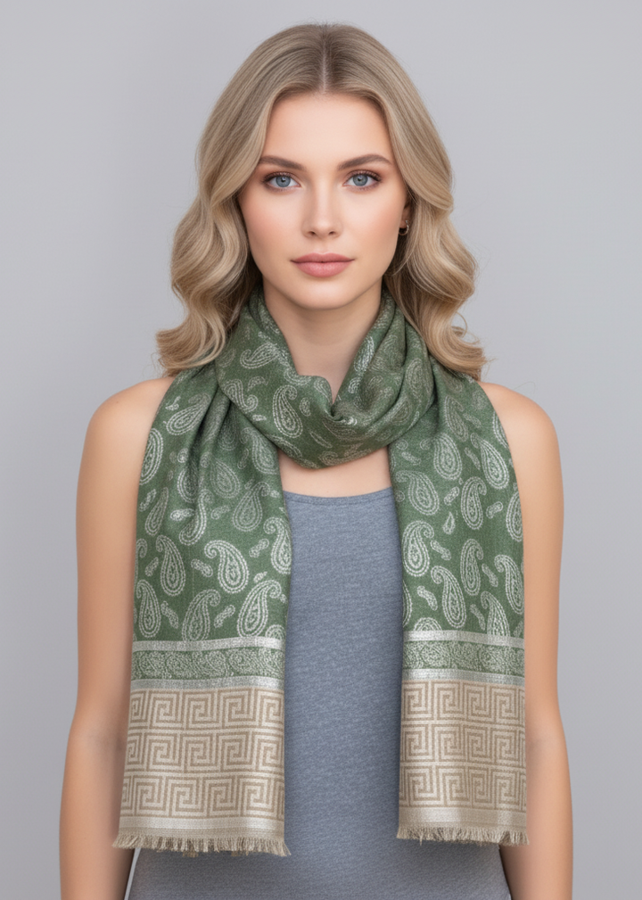 Emerald green pashmina scarf featuring a tribal paisley pattern and delicate fringe ends