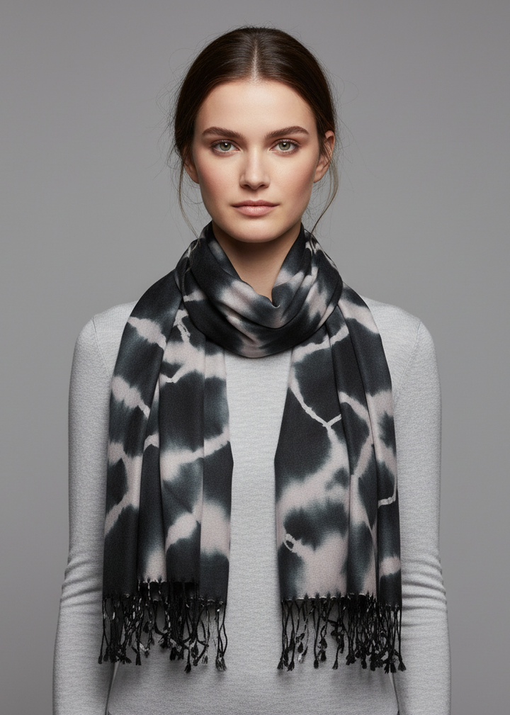 Exclusive designer faded tie-dye pashmina shawl with soft fringe detail