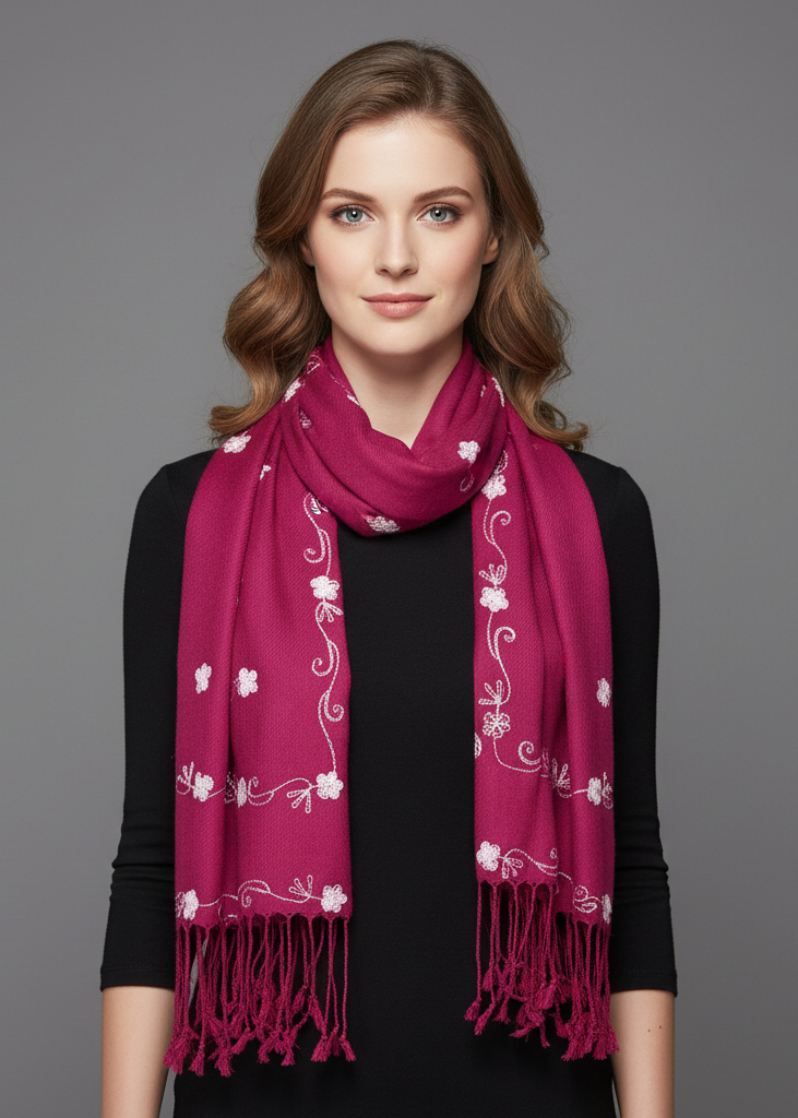 Hand-embroidered fuschia pashmina shawl featuring two-color floral patterns and decorative fringe edges