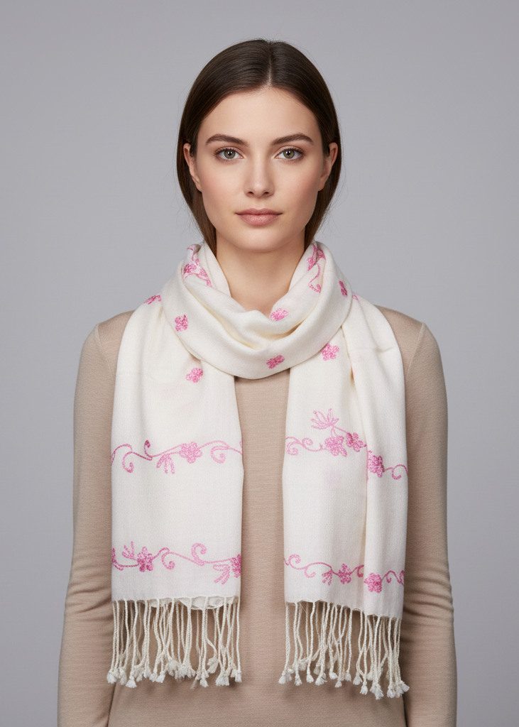 White hand-embroidered pashmina shawl with two-color floral patterns and decorative fringe edges