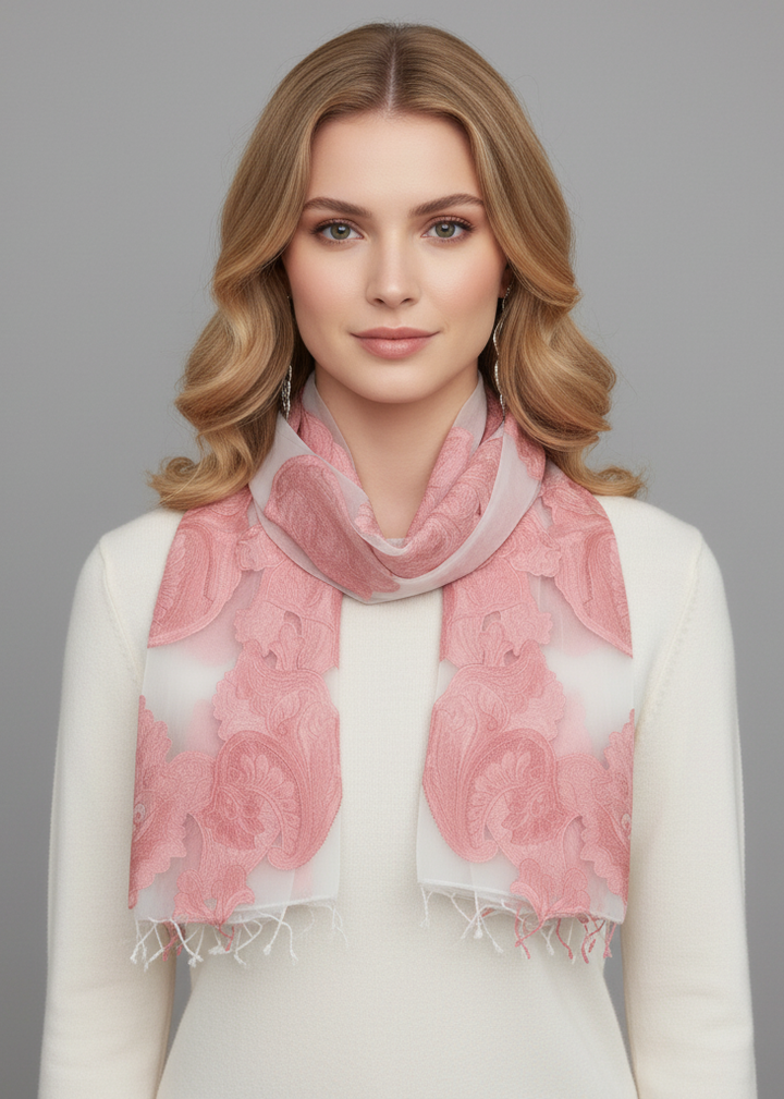 Floral embroidered burnout summer scarf with sheer fabric and decorative fringe edges