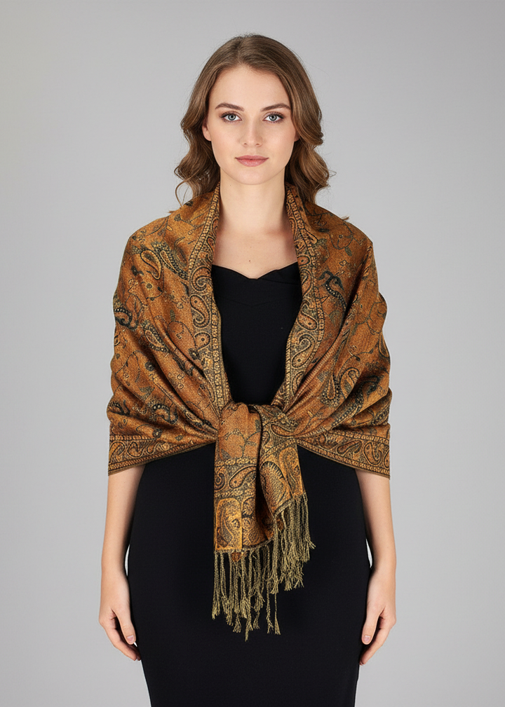 Elegant double-layer reversible pashmina shawl featuring an intricate paisley pattern in forest green and orange with fringed edges.