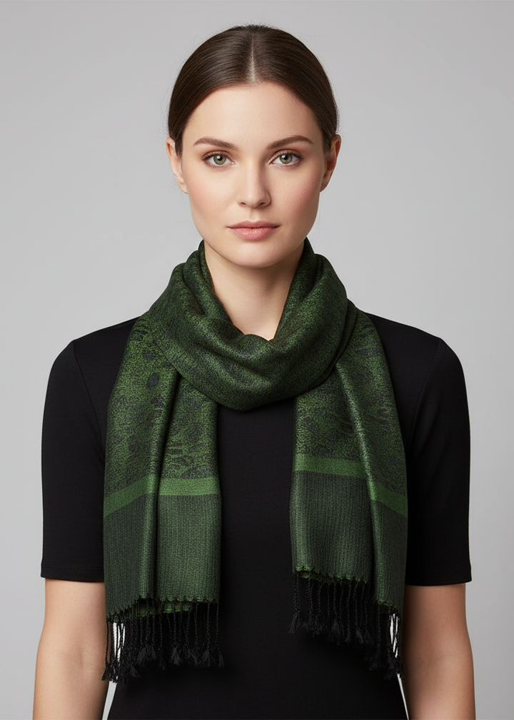 Elegant forest green and black vintage jacquard paisley shawl wrap scarf.