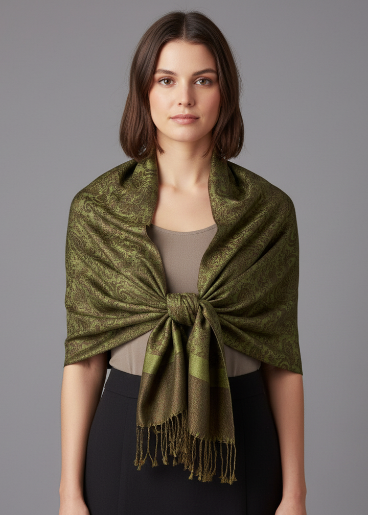 Elegant vintage two-color jacquard paisley pashmina shawl wrap in forest green and brown.