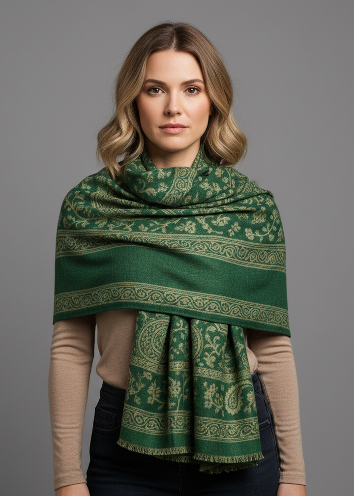 Forest green and tan reversible paisley pashmina shawl with thick 4-ply weave.