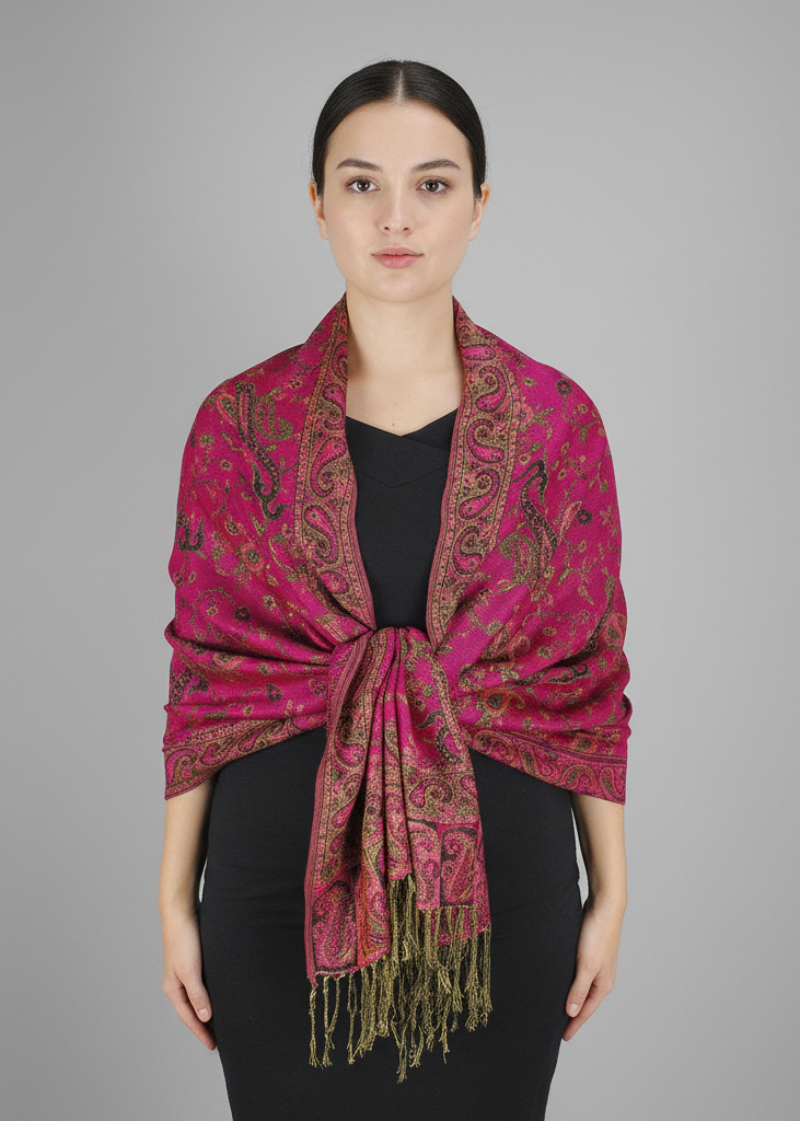 Reversible fuchsia pashmina shawl with a double-layered design, intricate paisley pattern, and fringed trim.