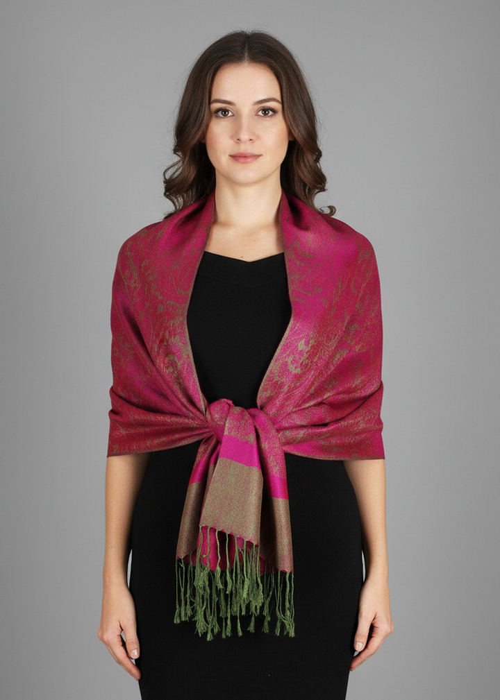 Elegant vintage fuchsia and green peach jacquard paisley pashmina shawl wrap.