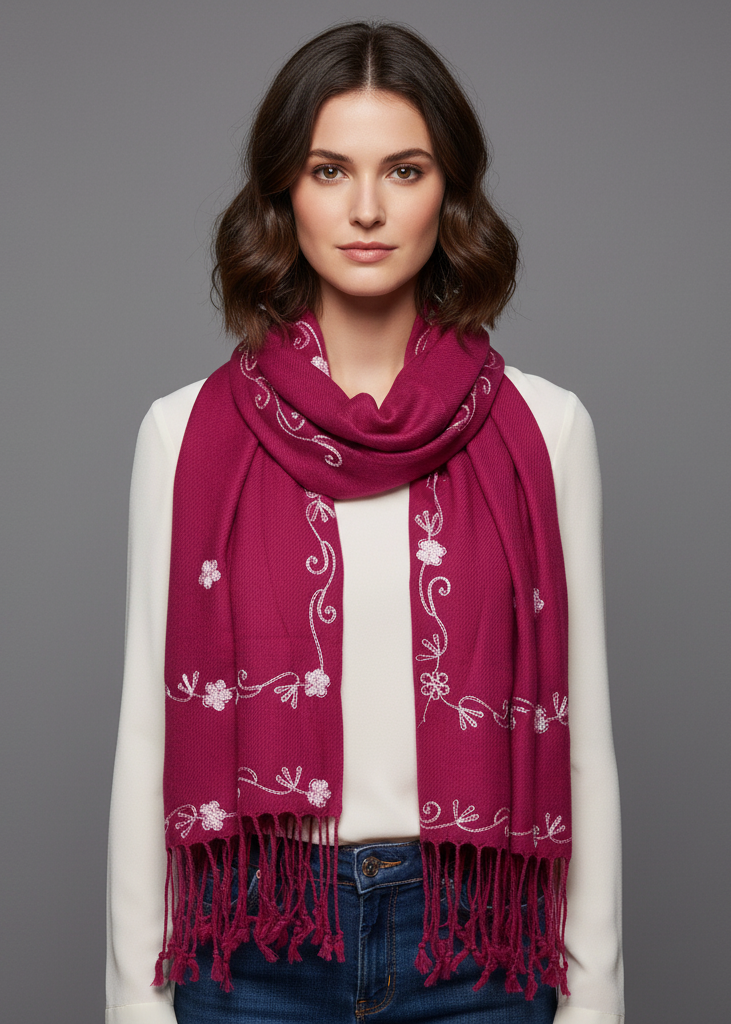 Fuschia hand-embroidered pashmina shawl featuring vintage floral patterns and decorative fringe edges