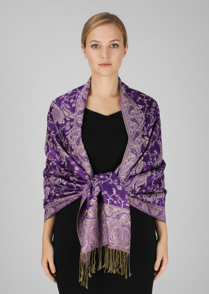 Reversible double-layer pashmina shawl featuring an intricate grape purple paisley pattern with delicate fringe edges.