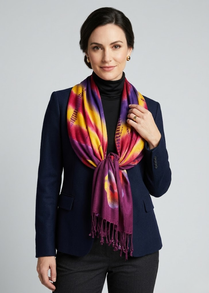 Grape and tangerine tie-dye pashmina shawl with soft fringe detail