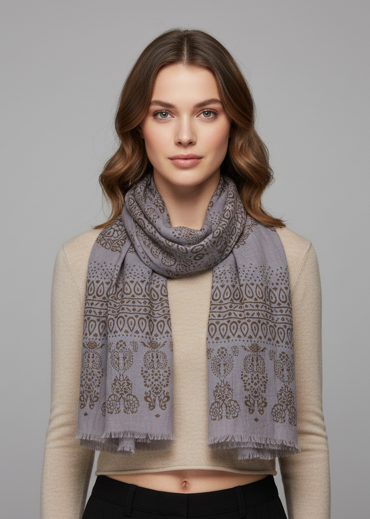 Gray lightweight henna paisley print scarf with eyelash fringe edges