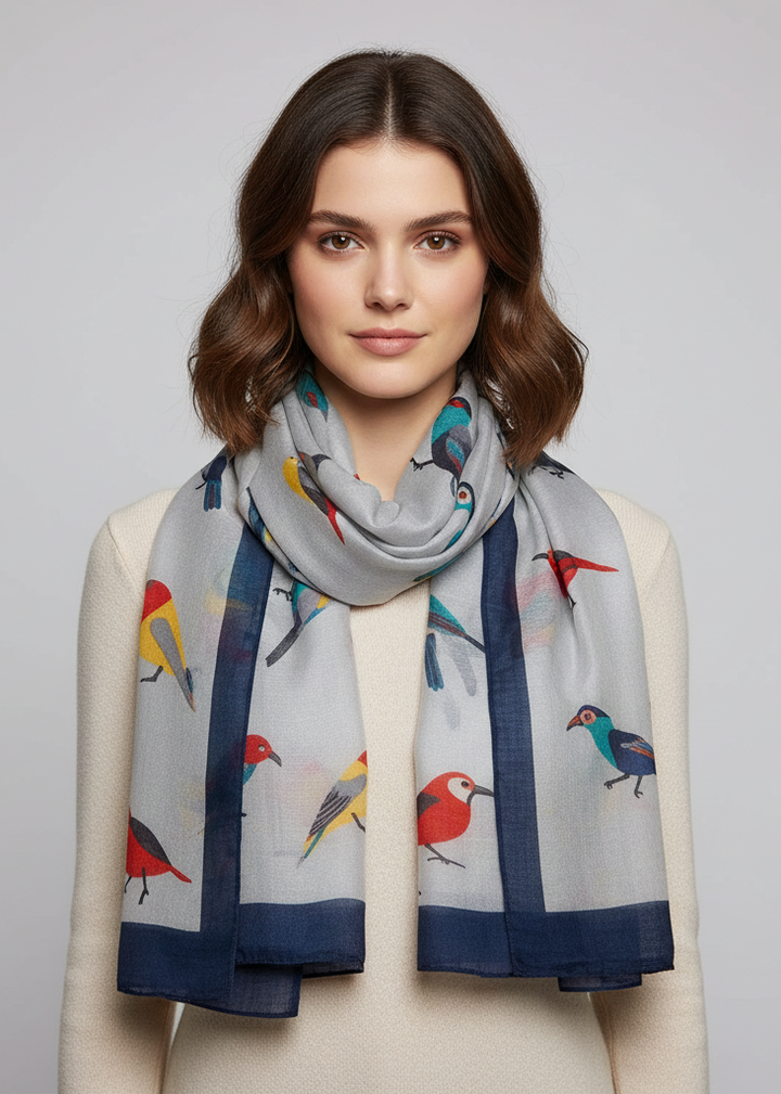 Lightweight vintage-style scarf featuring a graphic finch bird print pattern in gray and peach tones.