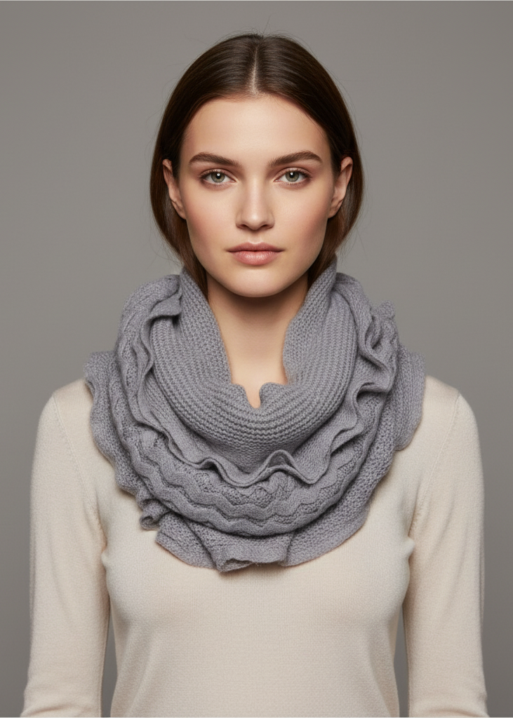 Gray peach ruffle edge thick knitted circle infinity loop scarf for chic winter style.