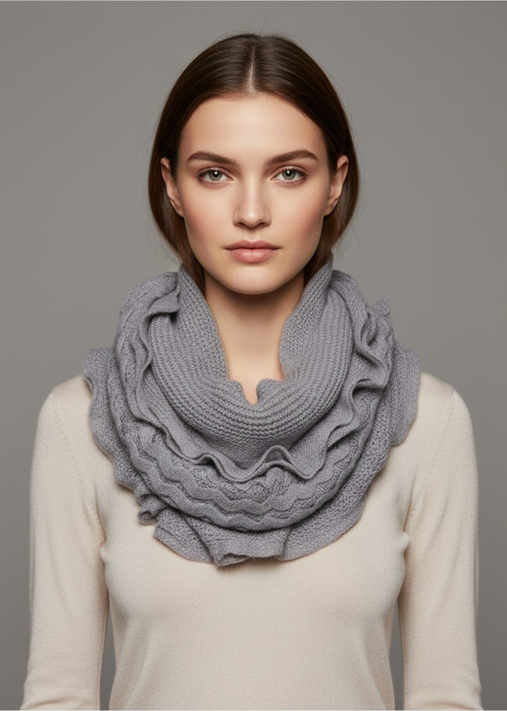 Gray peach ruffle edge thick knitted circle infinity loop scarf for chic winter style.