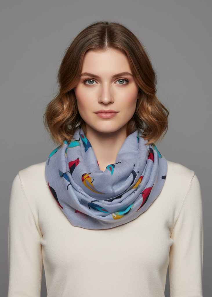 Lightweight sheer vintage style scarf with grey finch bird print and thick dark borders