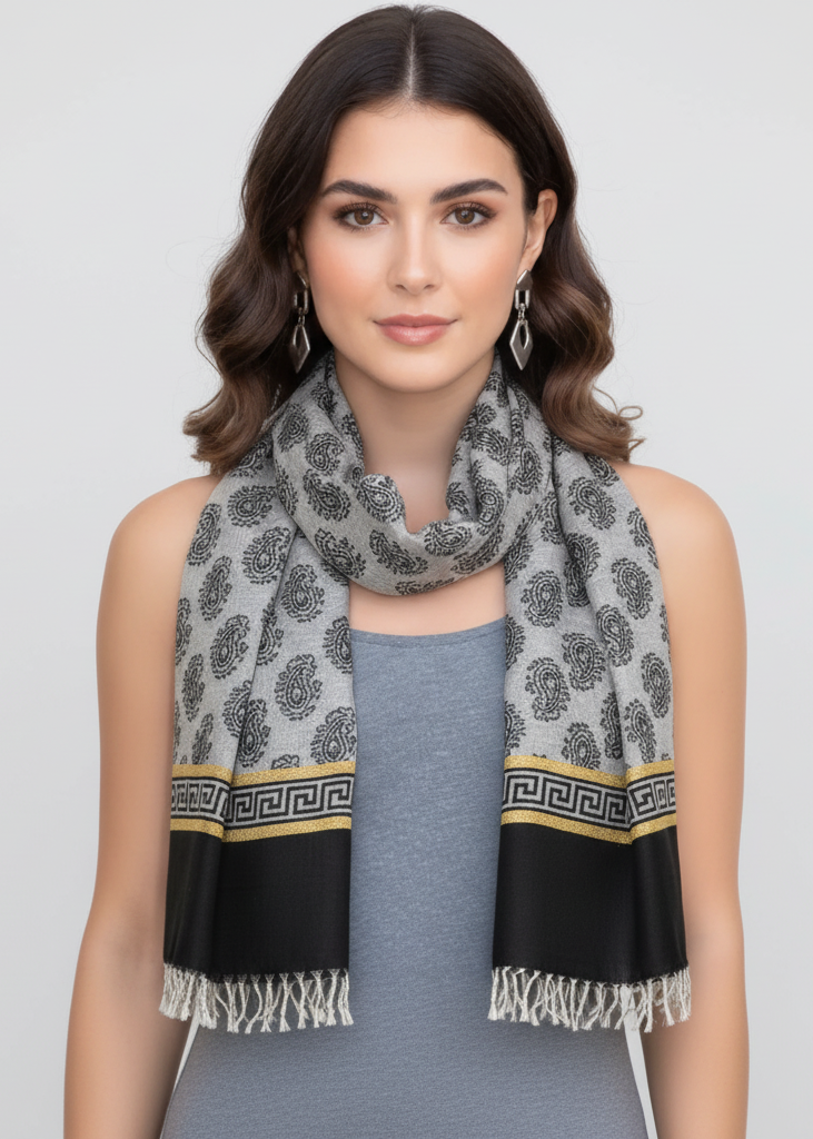 Gray silky pashmina scarf featuring a tribal paisley pattern in shades of charcoal and silver with elegant fringe edges