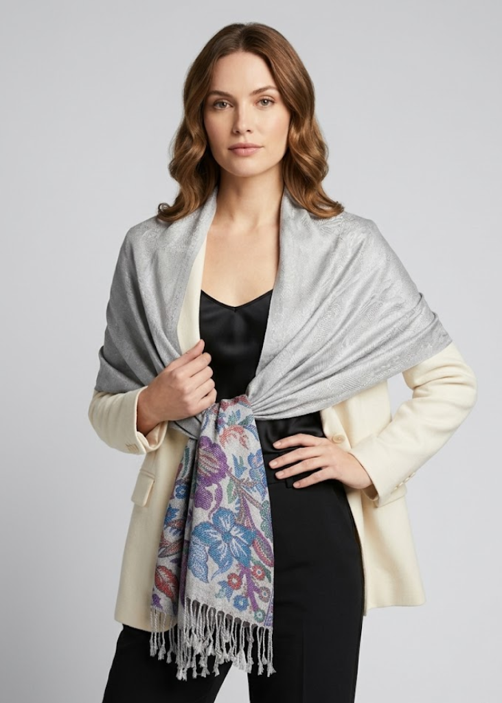 Reversible pashmina shawl featuring a gray and peach paisley pattern with a detailed floral border and fringe.