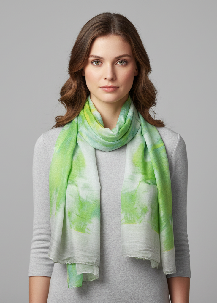 Retro ruffled multicolor tie-dye fringe shawl wrap in shades of green and yellow