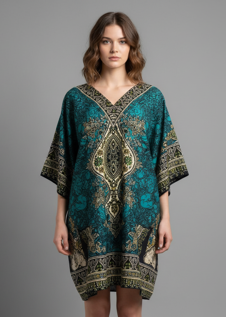 Woman wearing a jewel-toned teal and emerald green kaftan tunic with an intricate black and gold paisley medallion pattern. This short, one-size V-neck dress is featured in a professional studio shot against a solid grey background.