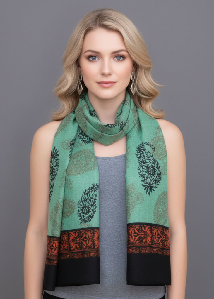 Green and black scarf with an intricate tribal flower paisley pattern and fringed edges