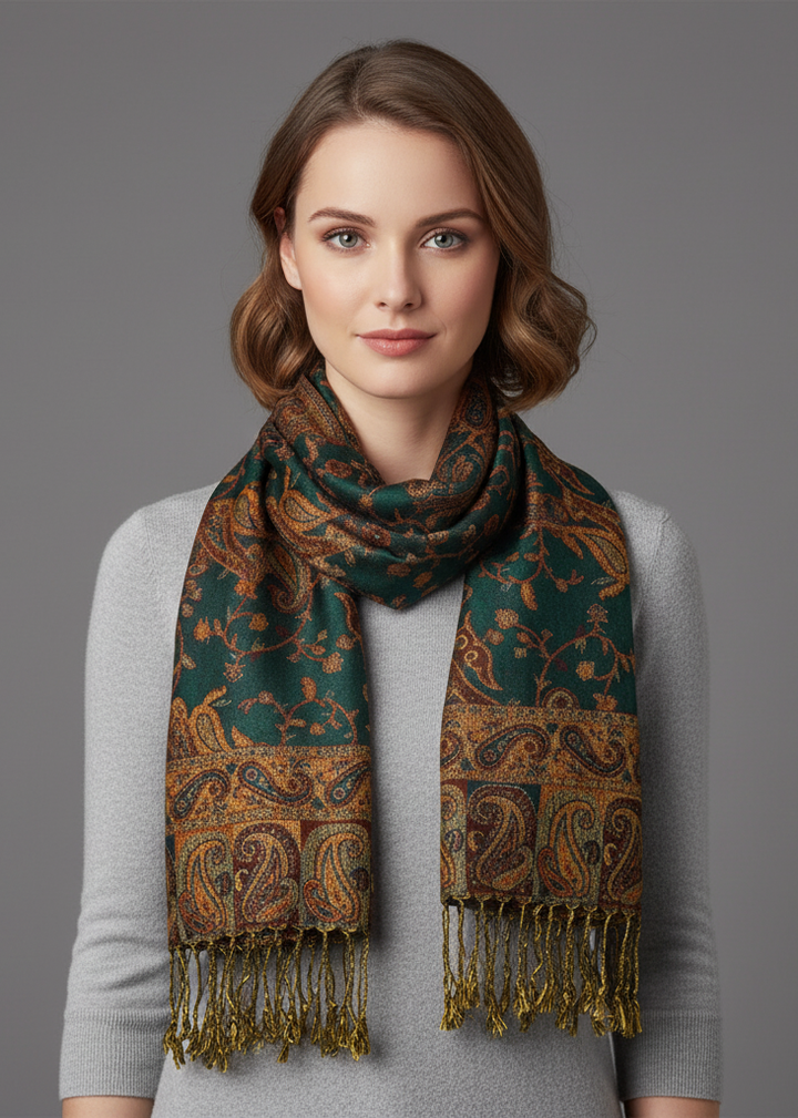 Reversible green and gold pashmina shawl featuring an intricate paisley pattern and fringed edges.