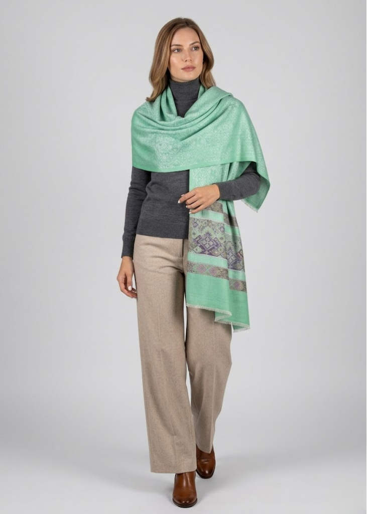 Aqua and peach silky shiny scarf featuring a tribal paisley print and fringe detail