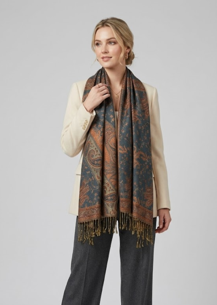 Elegant reversible pashmina shawl featuring an intricate green and gold paisley pattern with fringed edges.