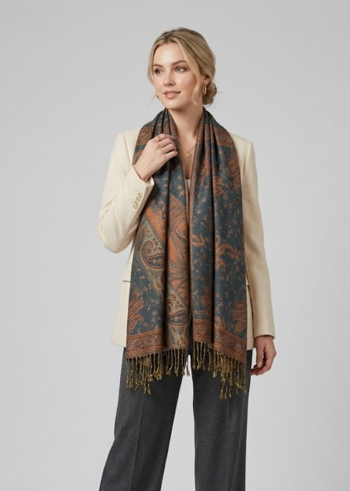 Elegant reversible pashmina shawl featuring an intricate green and gold paisley pattern with fringed edges.